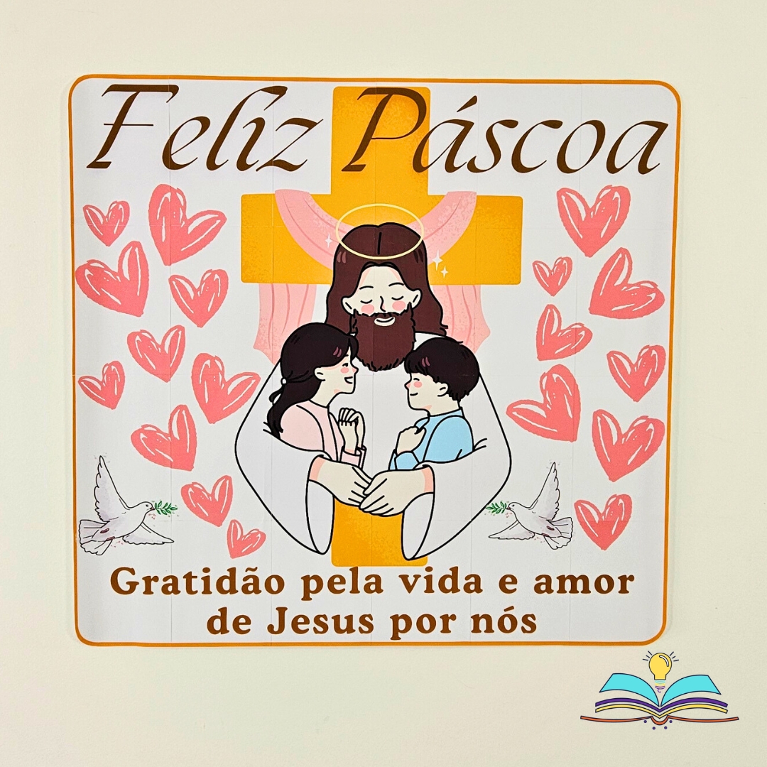 Painel de Páscoa com detalhes delicados, cores suaves e alegria especial para decorar e celebrar.