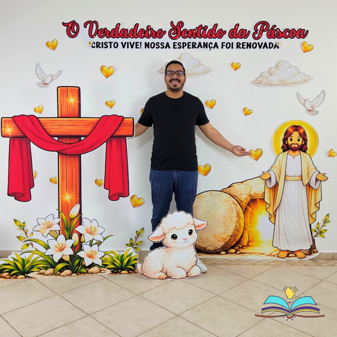 Painel sobre o sentido da Páscoa, celebrando amor, fé, esperança e a ressurreição de Jesus.