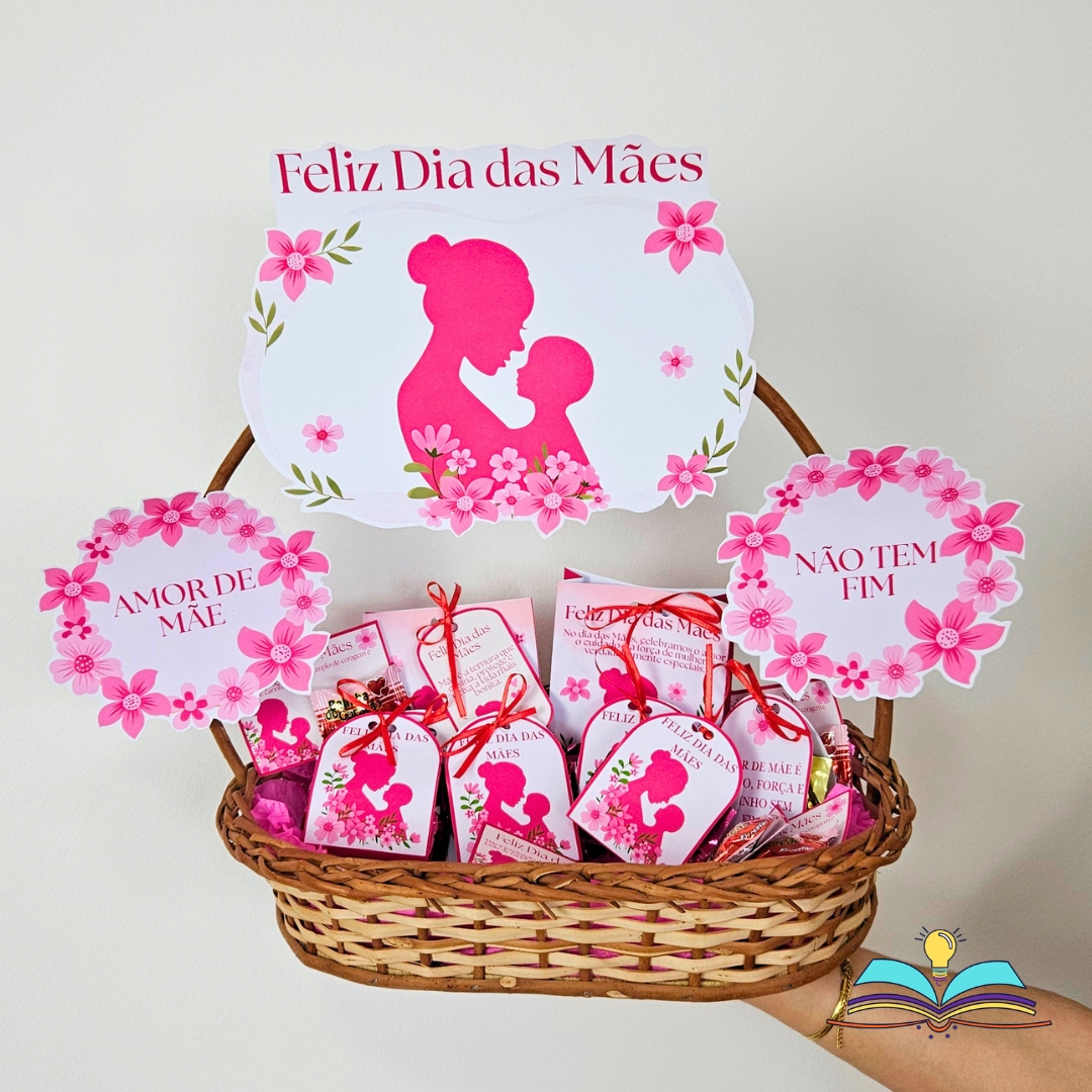 Elementos decorativos para uma cesta com lembrancinhas do tema Dia das Mães.