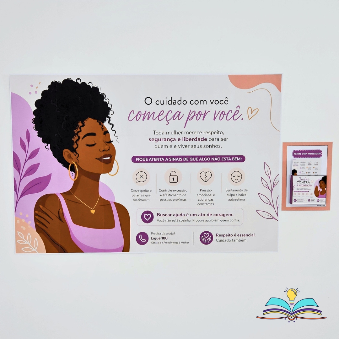 Painel com tema Combate à Violência Contra Mulher para conscientizar, acolher, informar e fortalecer redes de proteção.