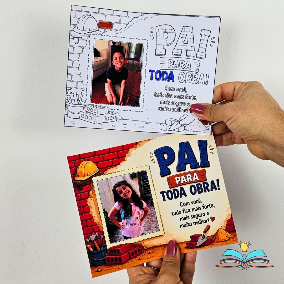Cartão para o Dia dos Pais, com moldura editável no Canva para adicionar a foto da criança.